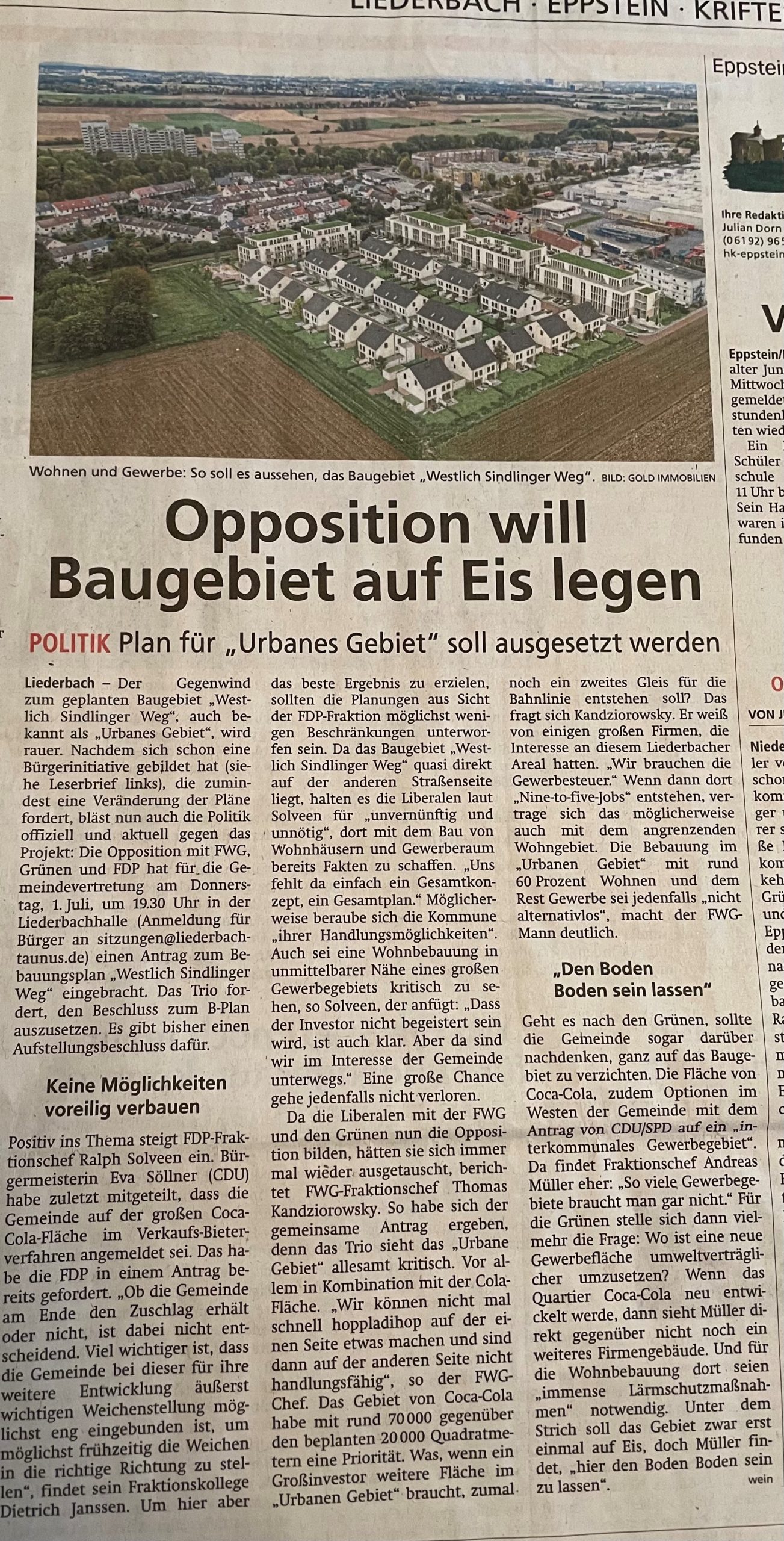 Artikel im Höchster Kreisblatt vom 24.Juni 2021-"Opposition will Baugebiet auf Eis legen"