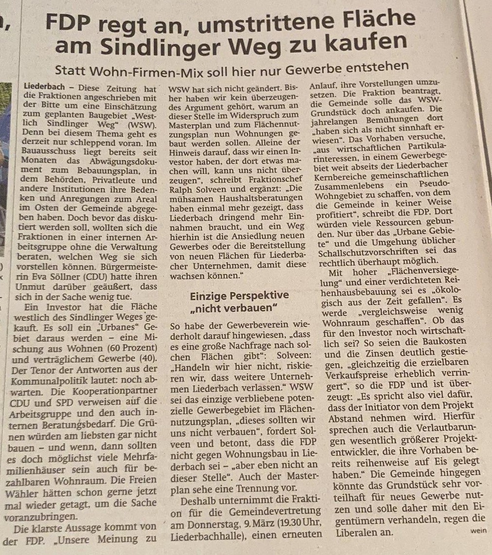 Snippet aus dem Höchster Kreisblatt vom 07.März 2023 - "FDP regt an, umstrittene Fläche am Sindlinger Weg zu kaufen"